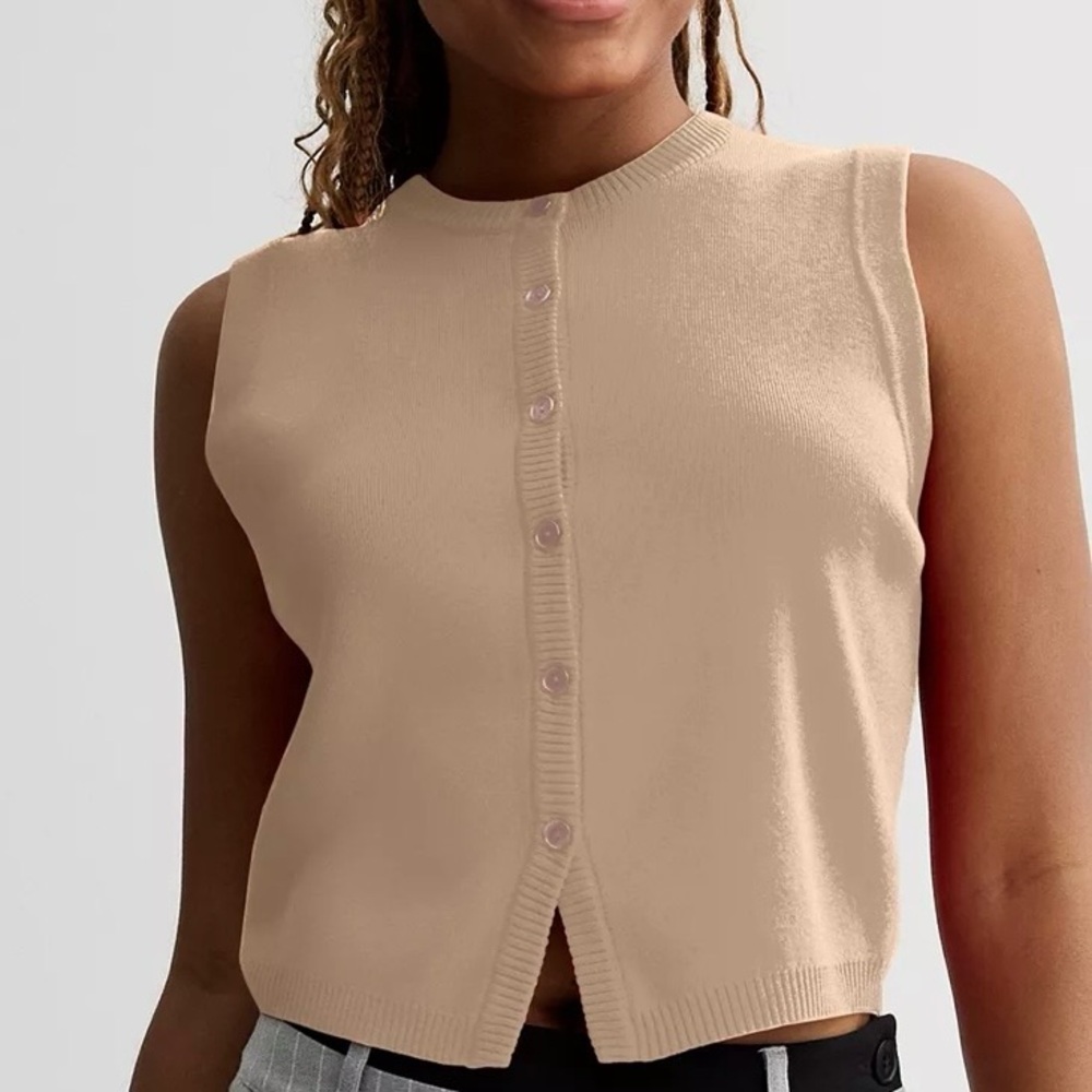 Cropped Sweater Vest, Tan w/ Button Detail, Size Small